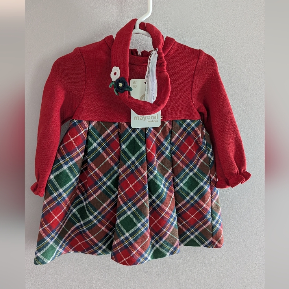NWT Mayoral 12M Festive Red and Green Plaid Dress with Headband
